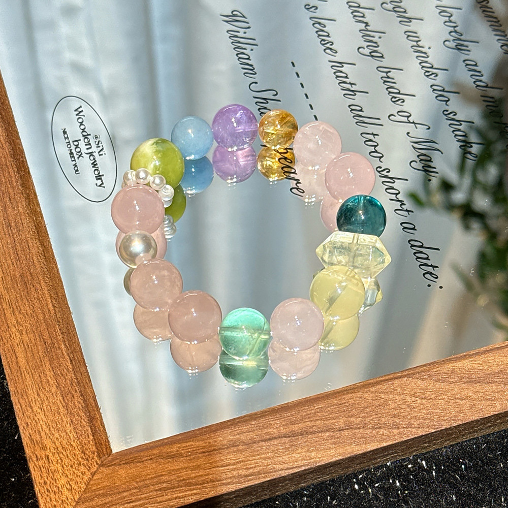 13mm Pastel Macaron Multi Crystal Bracelet 💖 Rose Quartz Fluorite Rutilated Quartz Aquamarine Healing Crystal Bracelet Unique Niche Girly Daily Jewelry Signature SoulCrystal Collection