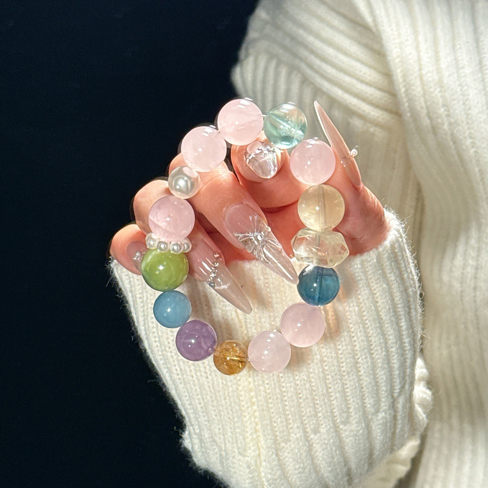 13mm Pastel Macaron Multi Crystal Bracelet 💖 Rose Quartz Fluorite Rutilated Quartz Aquamarine Healing Crystal Bracelet Unique Niche Girly Daily Jewelry Signature SoulCrystal Collection