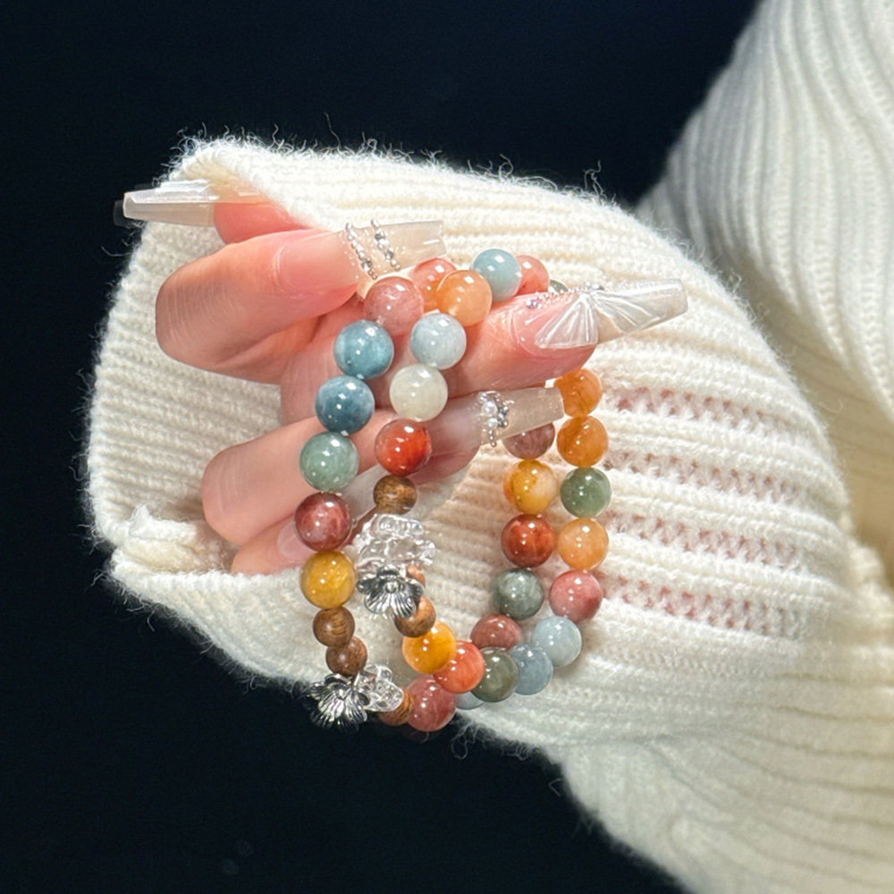 13mm Pastel Macaron Multi Crystal Bracelet 💖 Rose Quartz Fluorite Rutilated Quartz Aquamarine Healing Crystal Bracelet Unique Niche Girly Daily Jewelry Signature SoulCrystal Collection
