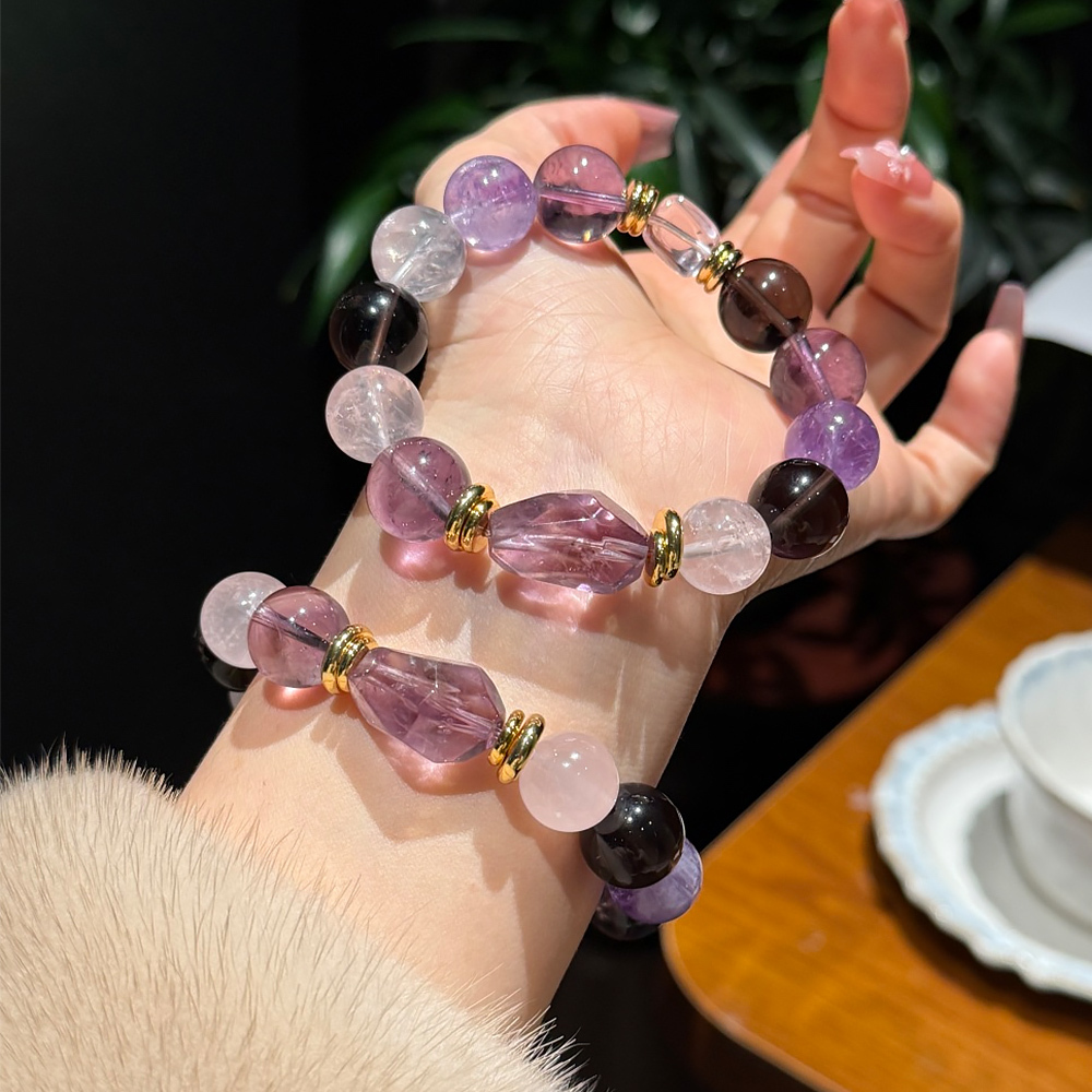 Natural Amethyst Smoky Quartz Rose Quartz Bracelet 🌌 Twilight Star River Calming Wisdom Healing Bracelet Elegant Women Daily Jewelry