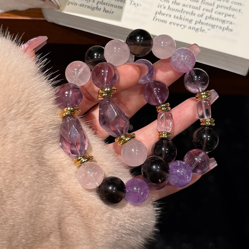 Natural Amethyst Smoky Quartz Rose Quartz Bracelet 🌌 Twilight Star River Calming Wisdom Healing Bracelet Elegant Women Daily Jewelry