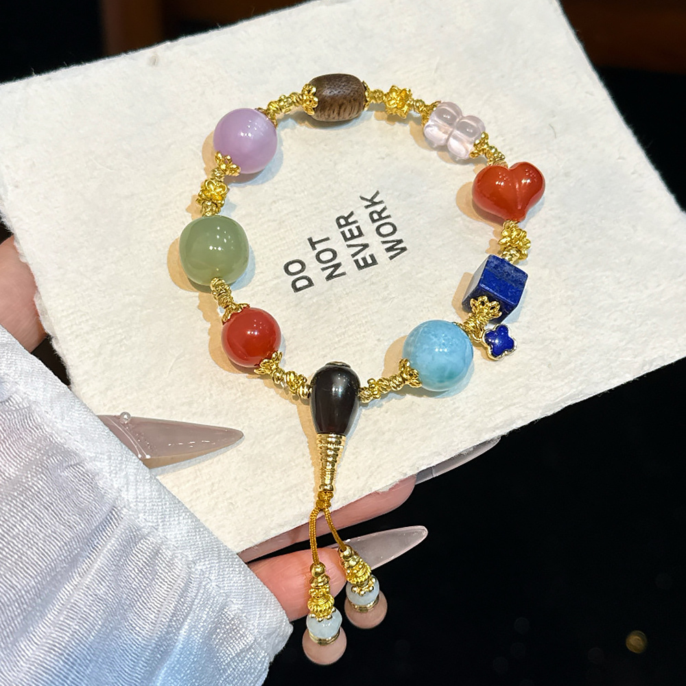 Natural Oriental Multi Gem Healing Bracelet 🎐 Ten Perfections All Blessings Tassel Gold Wire Bracelet Women Vintage Daily Jewelry Signature SoulCrystal Collection