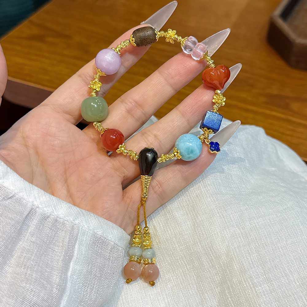 Natural Oriental Multi Gem Healing Bracelet 🎐 Ten Perfections All Blessings Tassel Gold Wire Bracelet Women Vintage Daily Jewelry Signature SoulCrystal Collection