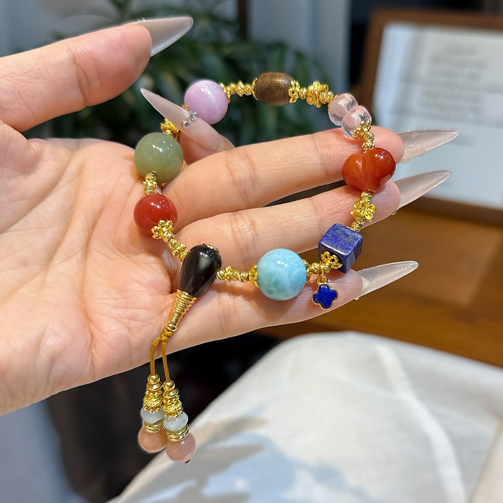 Natural Oriental Multi Gem Healing Bracelet 🎐 Ten Perfections All Blessings Tassel Gold Wire Bracelet Women Vintage Daily Jewelry Signature SoulCrystal Collection