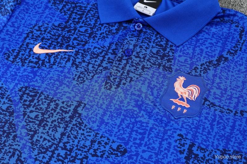 26/27 France Blue Polo Training Shirt + Long Pants Tracksuit