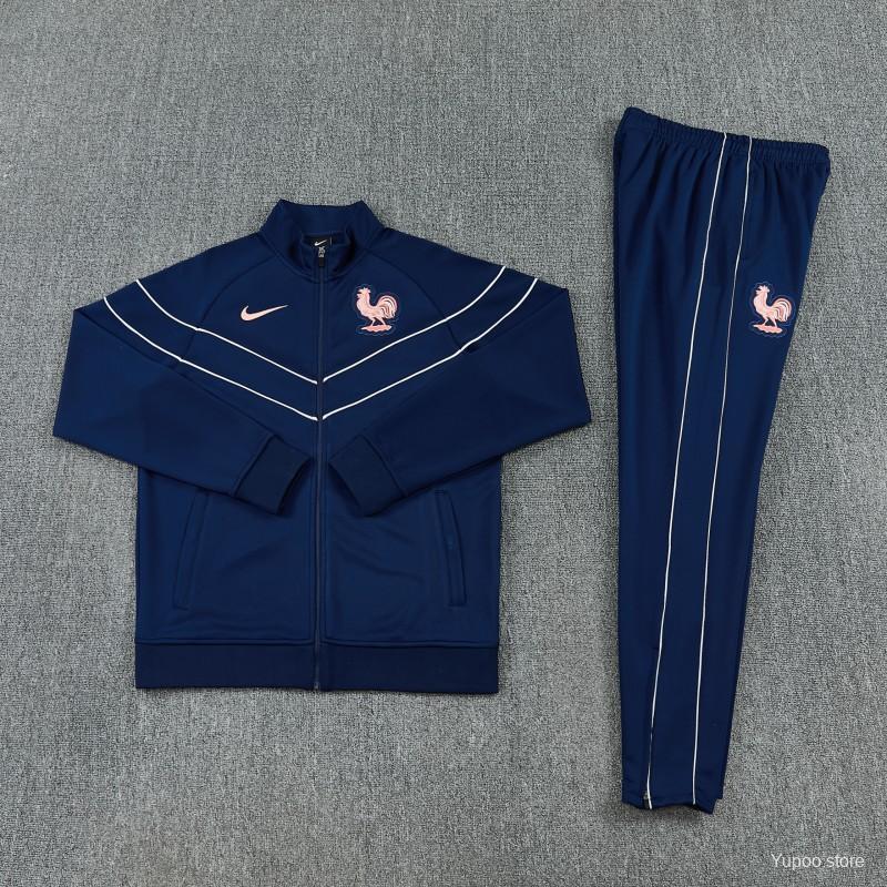 26/27 France Navy Blue Full Zipper Jacket Tracksuit + Long Pants