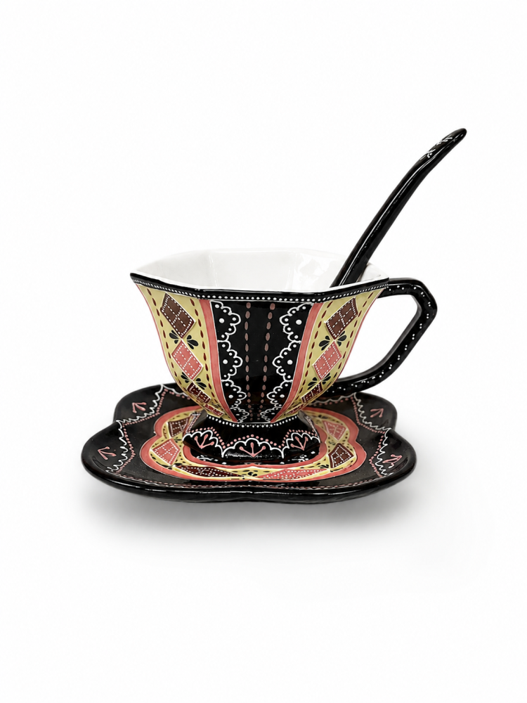 Handmade Vintage Floral Ceramic Tea Cup & Saucer – Unique Hand-Painted Coffee Mug Gift (A001)