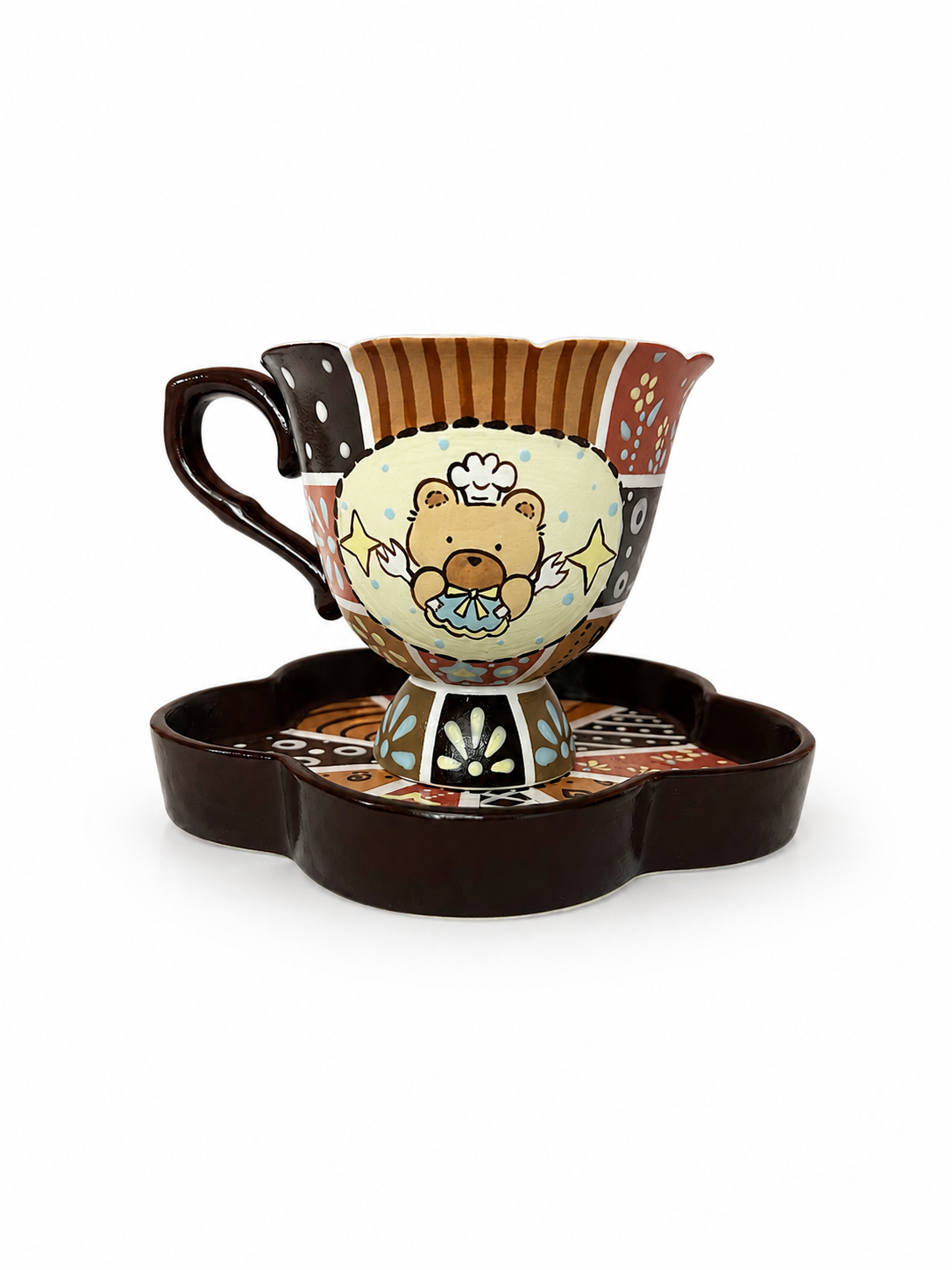 Handmade Cute Bear Ceramic Tea Cup & Saucer – Unique Hand-Painted Coffee Mug Gift (A002)