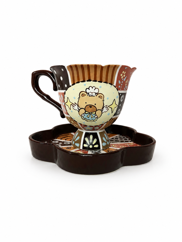 Handmade Cute Bear Ceramic Tea Cup & Saucer – Unique Hand-Painted Coffee Mug Gift (A002)