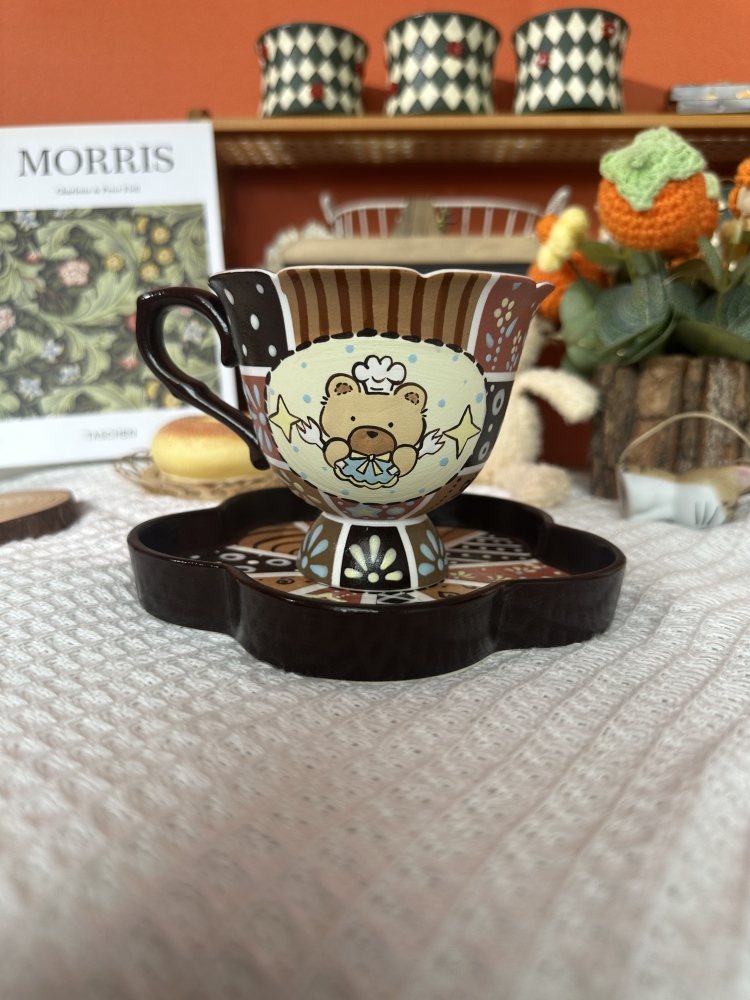 Handmade Cute Bear Ceramic Tea Cup & Saucer – Unique Hand-Painted Coffee Mug Gift (A002)