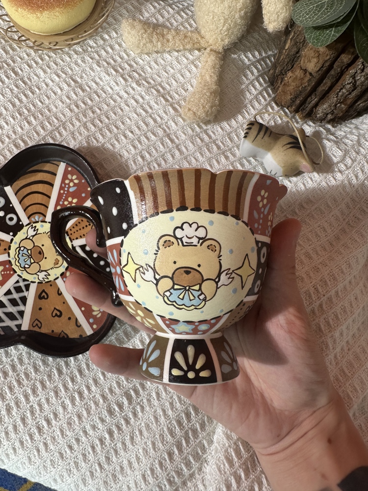 Handmade Cute Bear Ceramic Tea Cup & Saucer – Unique Hand-Painted Coffee Mug Gift (A002)