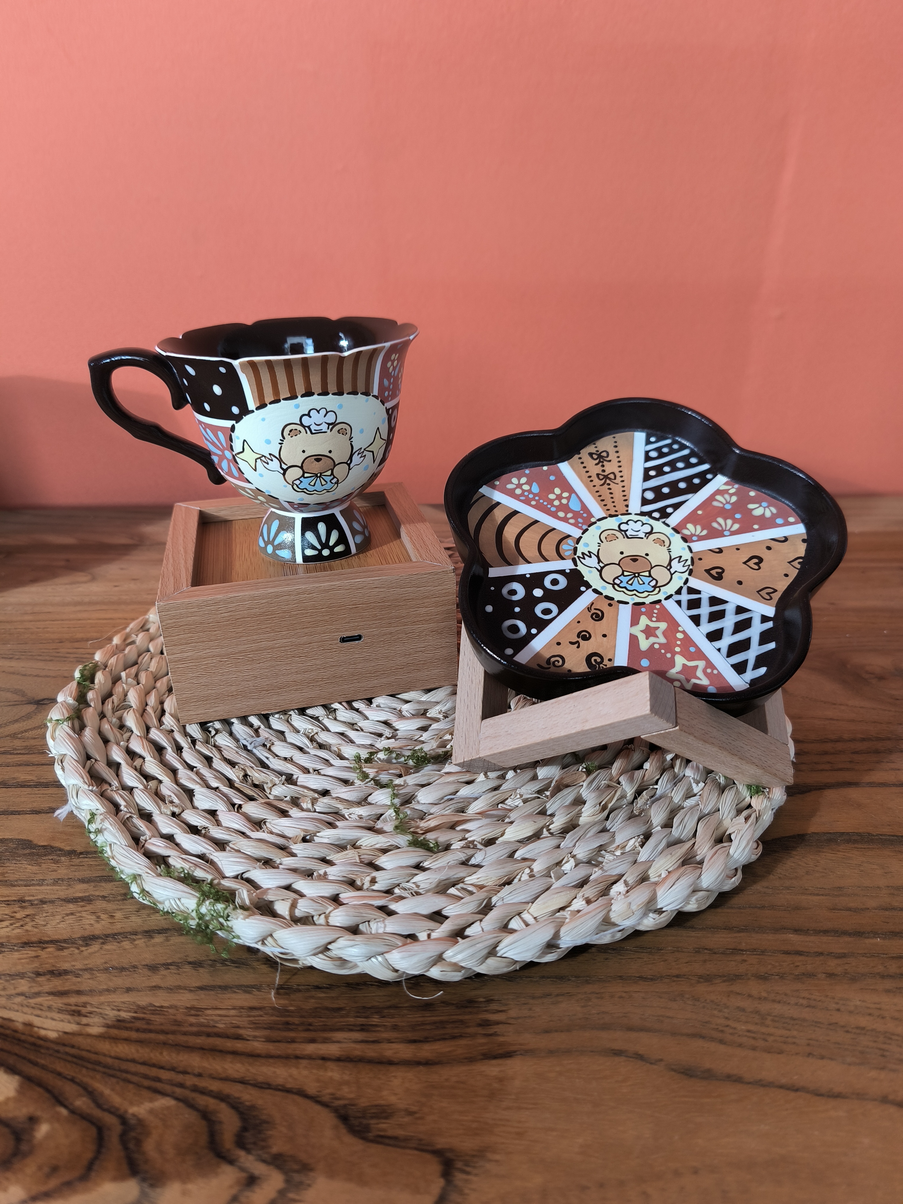 Handmade Cute Bear Ceramic Tea Cup & Saucer – Unique Hand-Painted Coffee Mug Gift (A002)