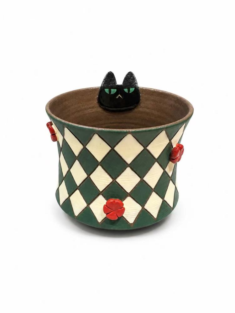 Handmade Black Cat Ceramic Tea Cup – Unique Hand-Painted Coffee Mug Gift (A003)