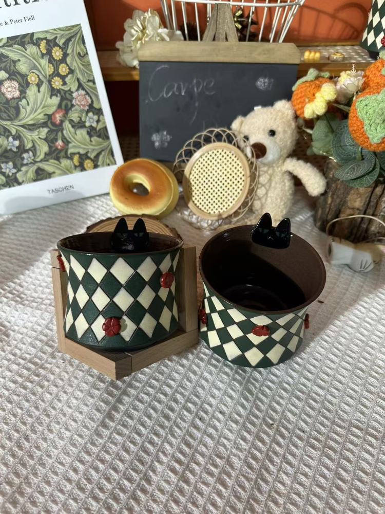 Handmade Black Cat Ceramic Tea Cup – Unique Hand-Painted Coffee Mug Gift (A003)