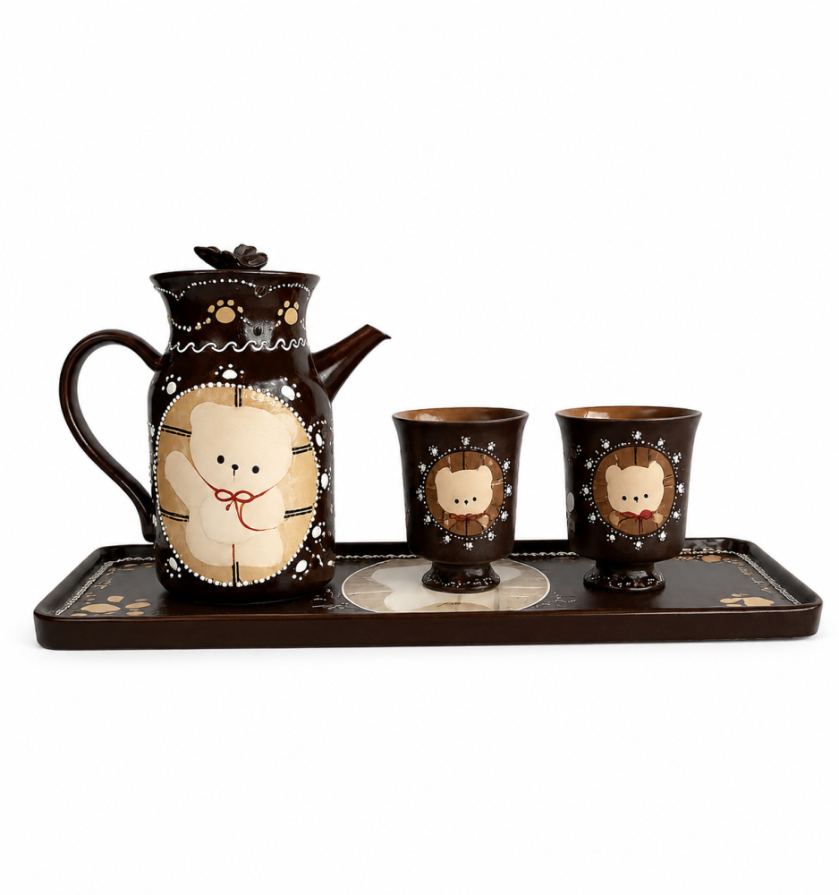 Cute Bear Ceramic Tea Set with Serving Tray – Hand-Painted Coffee Pot & Cup Gift Set (A004)