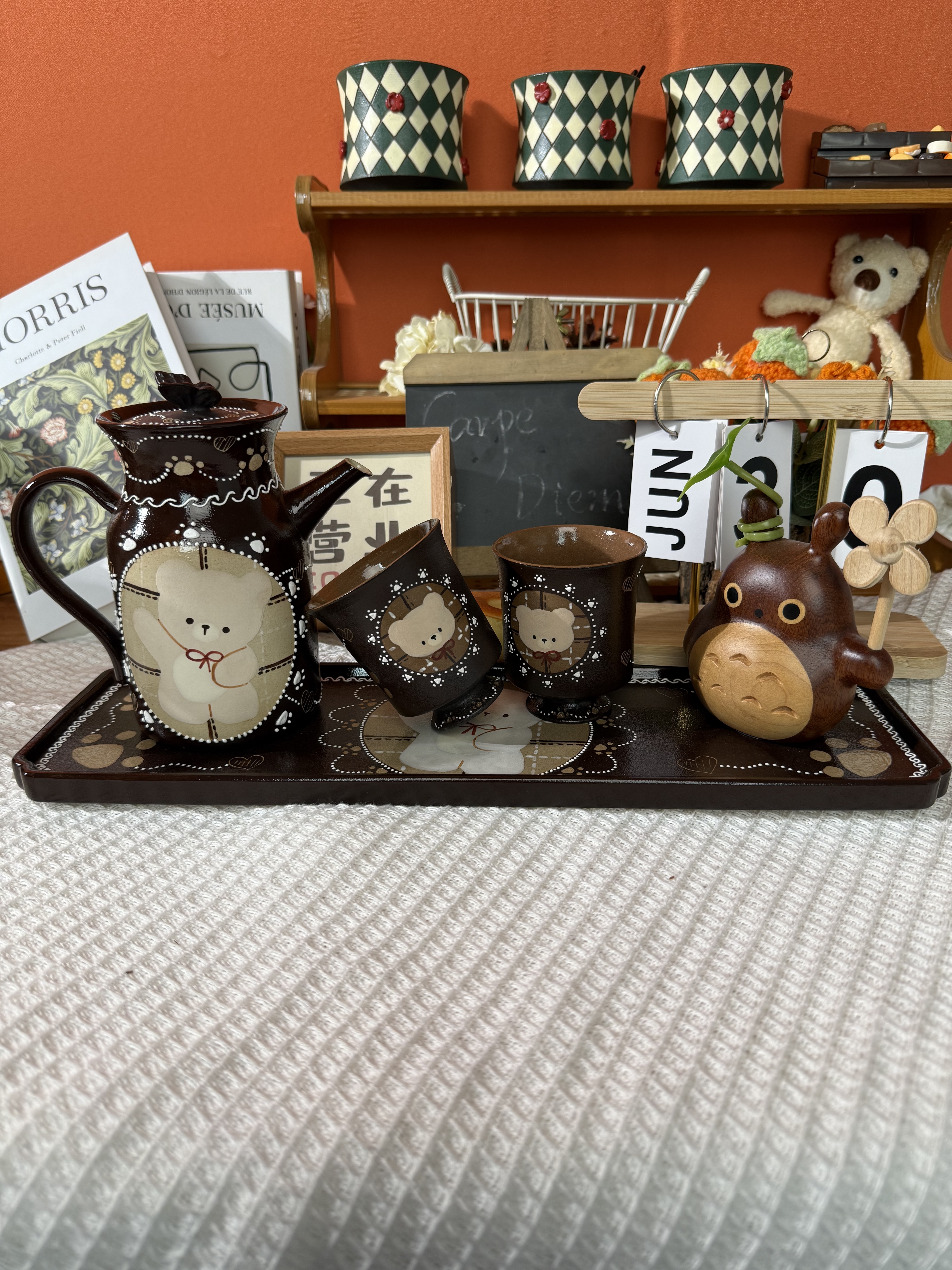 Cute Bear Ceramic Tea Set with Serving Tray – Hand-Painted Coffee Pot & Cup Gift Set (A004)