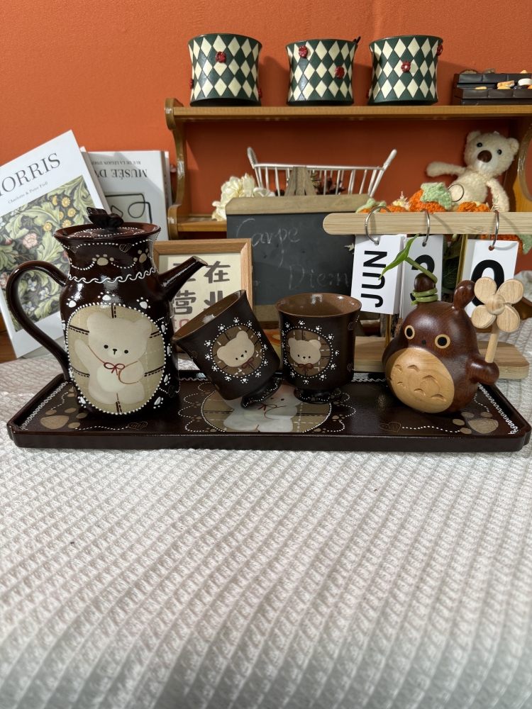 Cute Bear Ceramic Tea Set with Serving Tray – Hand-Painted Coffee Pot & Cup Gift Set (A004)
