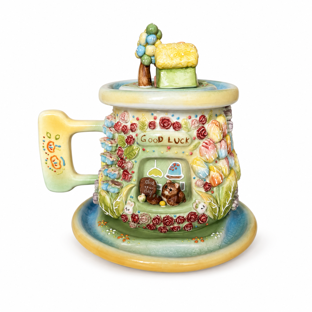 Handmade Cute Bear Ceramic Tea Mug with Lid & Saucer – Unique Hand-Painted Coffee Mug Gift (A009)