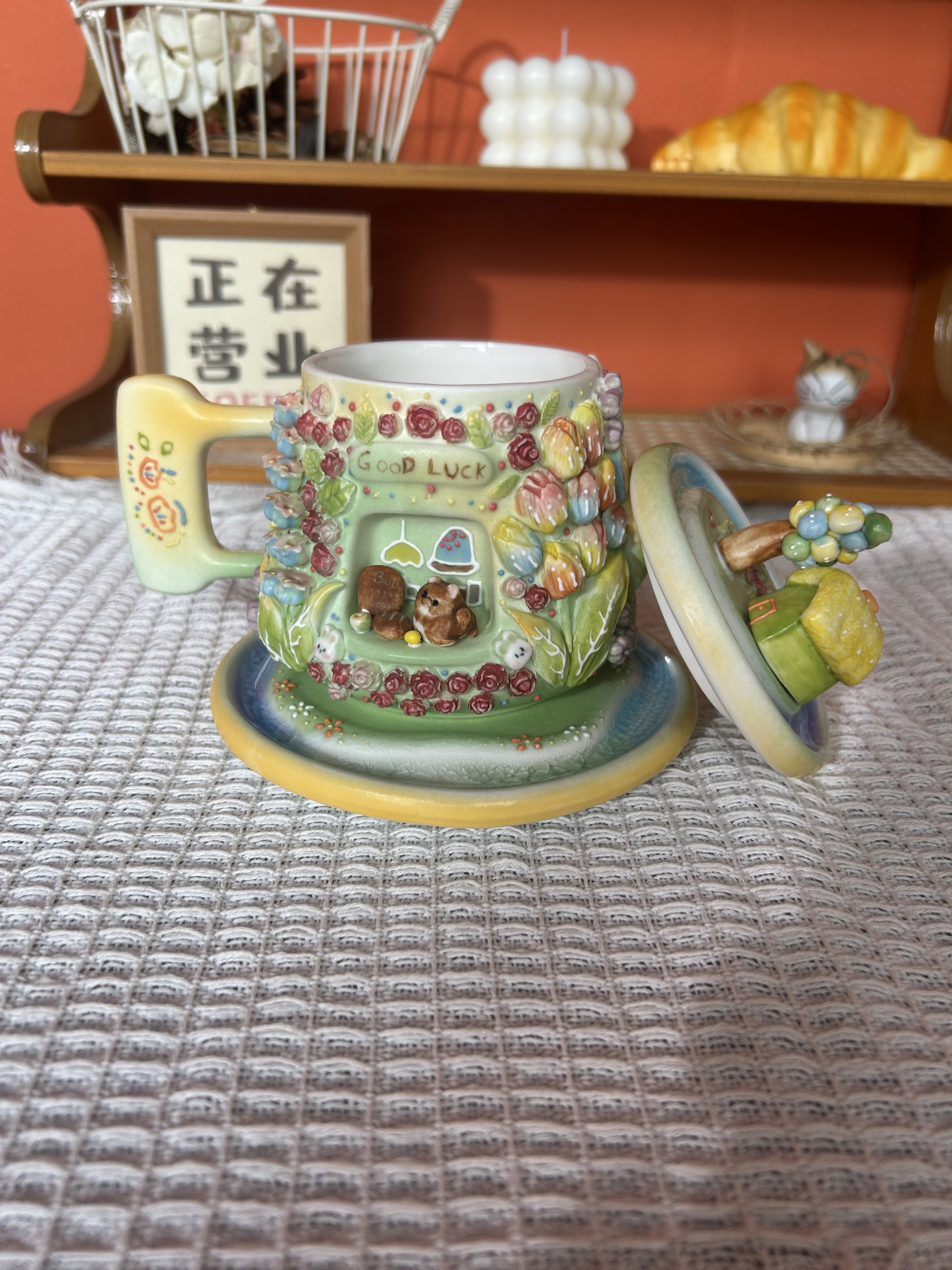 Handmade Cute Bear Ceramic Tea Mug with Lid & Saucer – Unique Hand-Painted Coffee Mug Gift (A009)
