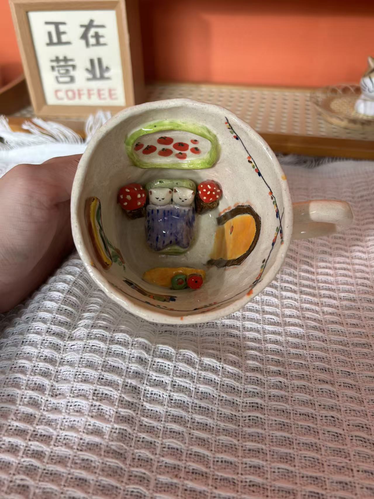 Handmade Cute Cat Ceramic Tea Cup & Saucer – Unique Hand-Painted Coffee Mug Gift (A011)