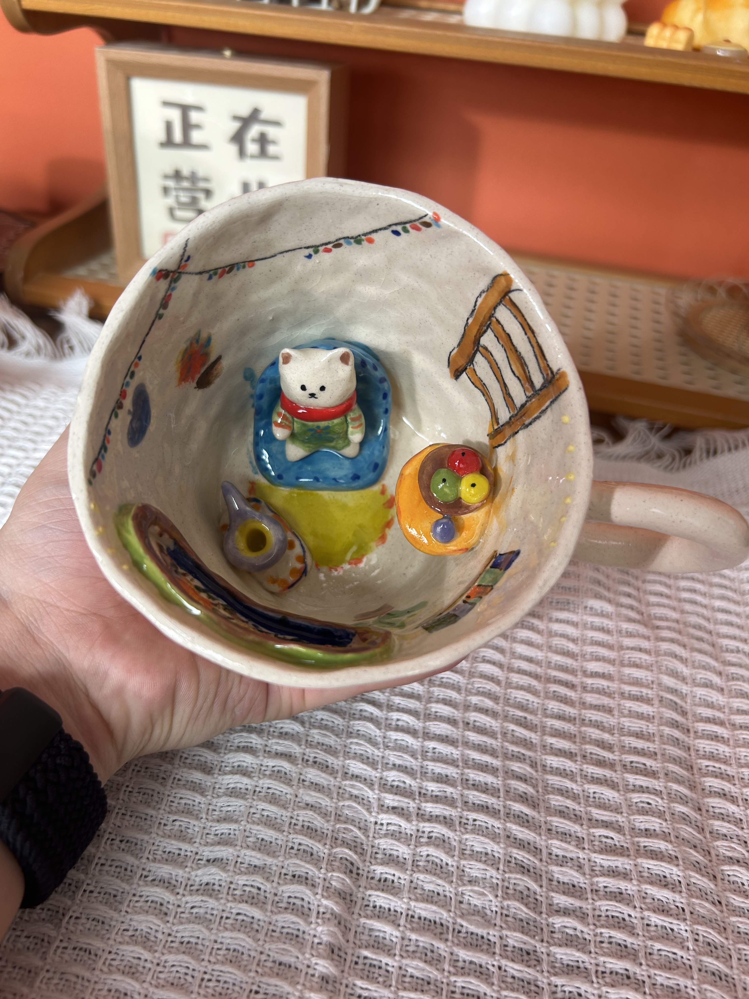 Handmade Cute Cat Ceramic Tea Cup & Saucer – Unique Hand-Painted Coffee Mug Gift (A016)