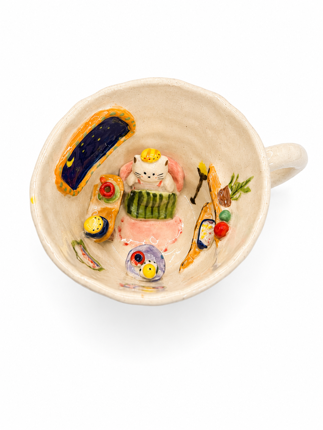 Handmade Sleeping Cat Ceramic Tea Cup – Whimsical 3D Hand-Painted Coffee Mug, Unique Artisan Gift (A017)