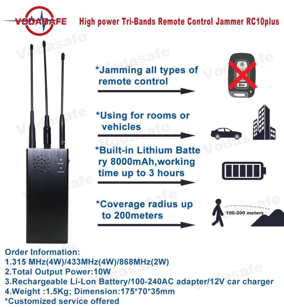 10 W High Power Car Remote Control Jammer Jamming 30-100 M 433 MHz 315MHz 868MHz Car Signals Blocker