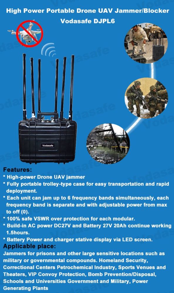 With 5dbi FRP Antennas Anti Drone System Jamming Up to 6 Wireless Signals 500 M Jamming Drone Signal Jammer Vodasafe DJPL6