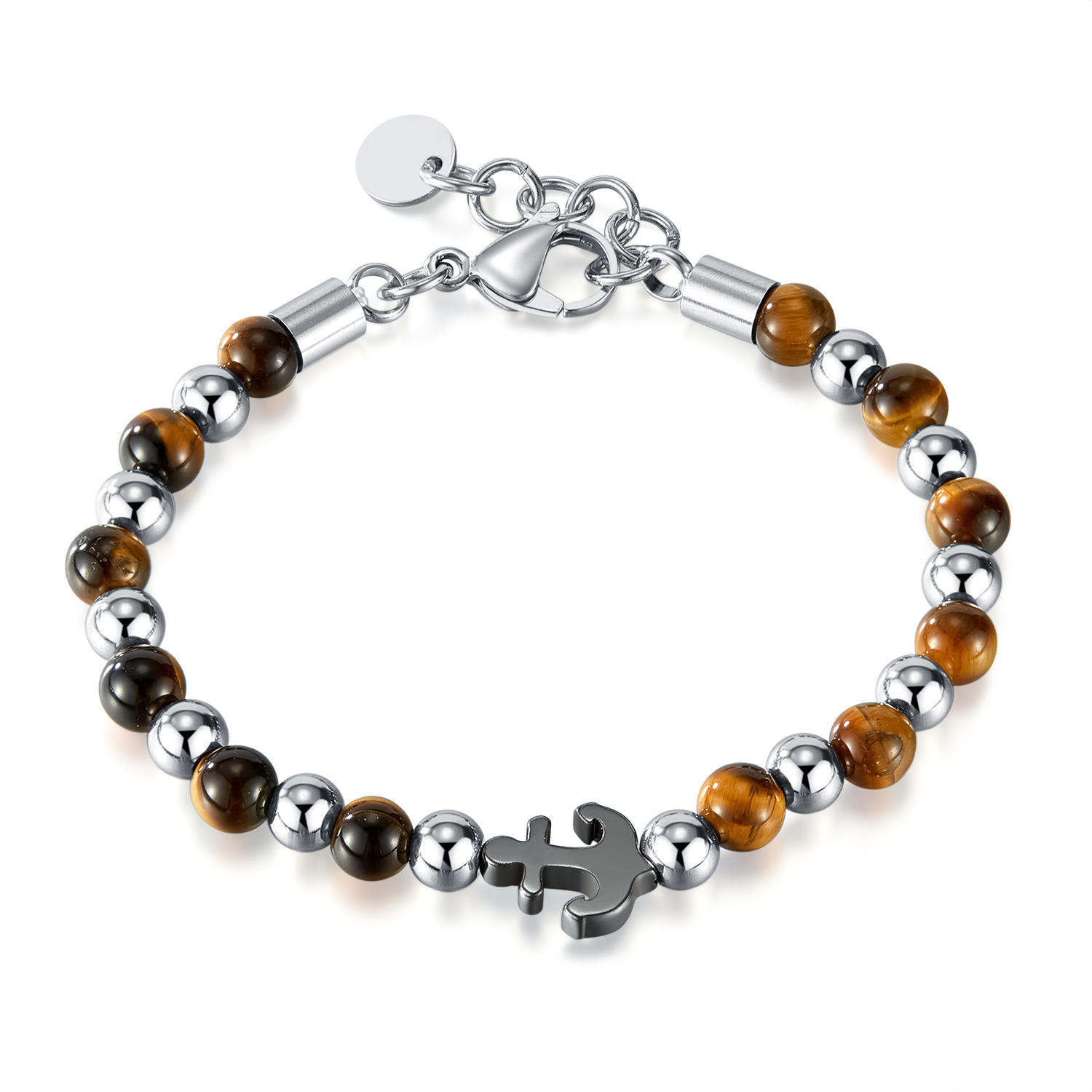 Stainless Steel Ball Hematite Tiger Eye Stone Beaded Bracelet with Anchor Charm  for Men Jewelry,NaBaiYu,Stainless Steel Ball Hematite Tiger Eye Stone Beaded Bracelet with Anchor Charm  for Men Jewelry