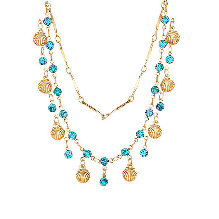 Vintage Style Blue Zircon Shell Charms Gold Plated Layered Necklace Jewelry Gift for Women,NaBaiYu,Vintage Style Blue Zircon Shell Charms Gold Plated Layered Necklace Jewelry Gift for Women