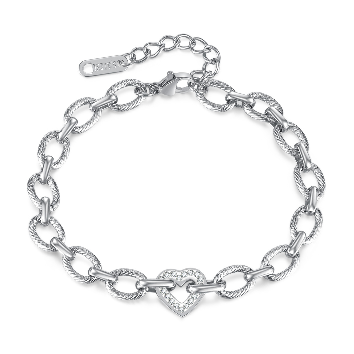 Non-Tarnish Waterproof 316L Stainless Steel Twist Chain CZ Heart Charm Bracelet for Women Jewelry,NaBaiYu,Non-Tarnish Waterproof 316L Stainless Steel Twist Chain CZ Heart Charm Bracelet for Women Jewelry
