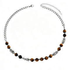 Tiger's Eye Stone Round Bead Stainless Steel Necklace Personalized Men's and Women's Accessories,NaBaiYu,Tiger's Eye Stone Round Bead Stainless Steel Necklace Personalized Men's and Women's Accessories