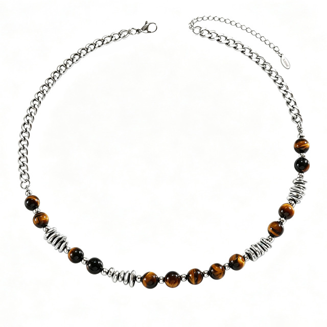 Tiger's Eye Stone Round Bead Stainless Steel Necklace Personalized Men's and Women's Accessories,NaBaiYu,Tiger's Eye Stone Round Bead Stainless Steel Necklace Personalized Men's and Women's Accessories