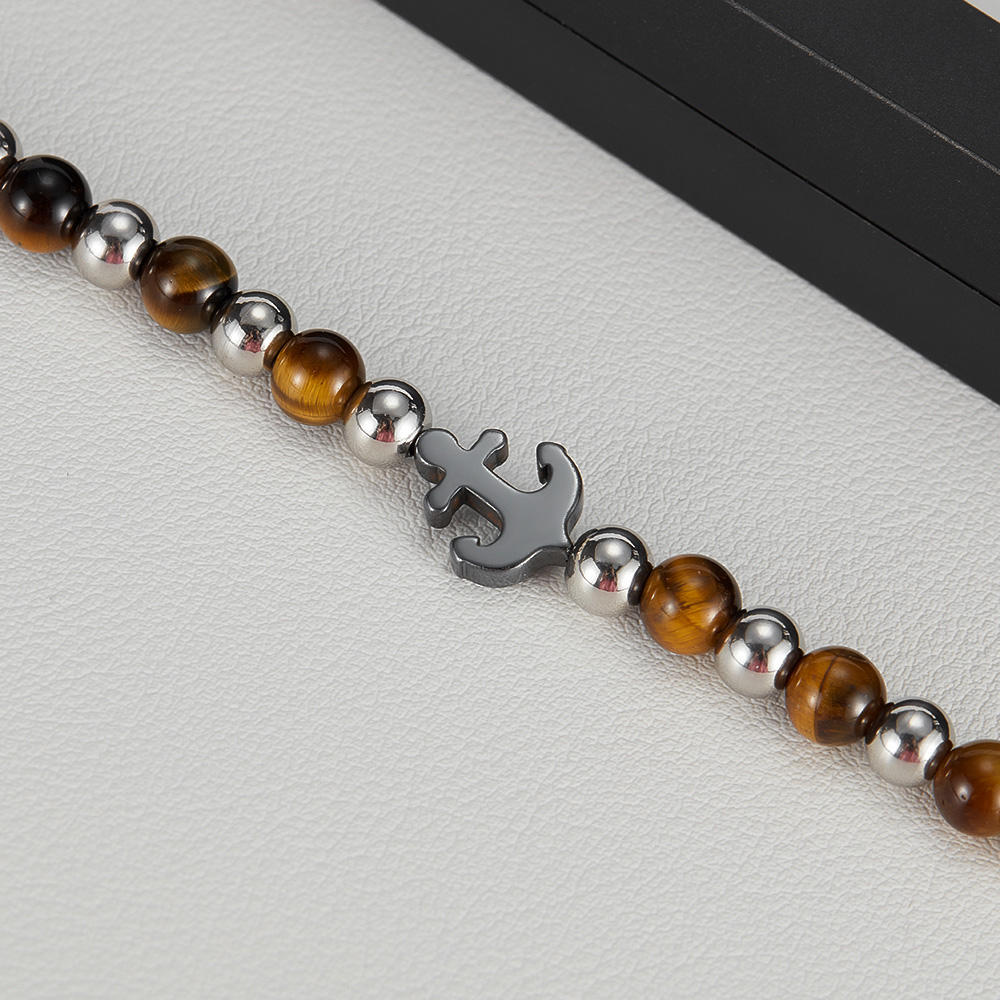 Stainless Steel Ball Hematite Tiger Eye Stone Beaded Bracelet with Anchor Charm  for Men Jewelry,NaBaiYu,Stainless Steel Ball Hematite Tiger Eye Stone Beaded Bracelet with Anchor Charm  for Men Jewelry