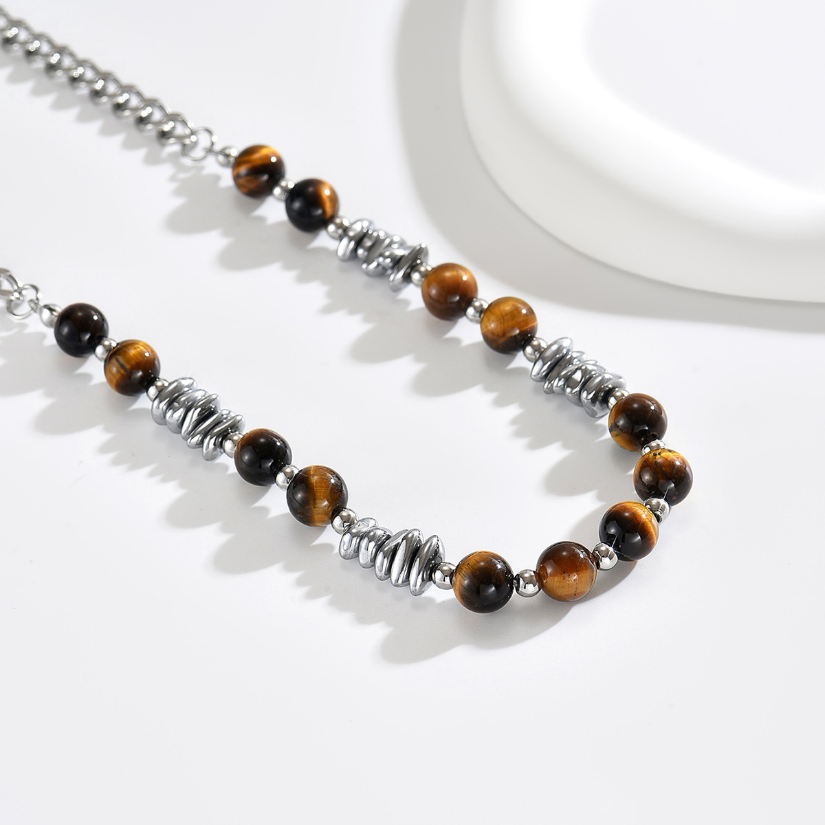 Tiger's Eye Stone Round Bead Stainless Steel Necklace Personalized Men's and Women's Accessories,NaBaiYu,Tiger's Eye Stone Round Bead Stainless Steel Necklace Personalized Men's and Women's Accessories