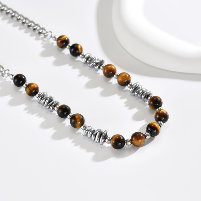 Tiger's Eye Stone Round Bead Stainless Steel Necklace Personalized Men's and Women's Accessories,NaBaiYu,Tiger's Eye Stone Round Bead Stainless Steel Necklace Personalized Men's and Women's Accessories