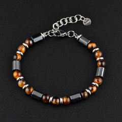 Black Gallstone Stainless Steel Tiger Eye Bead Charm Bracelet for Man,NaBaiYu,Black Gallstone Stainless Steel Tiger Eye Bead Charm Bracelet for Man