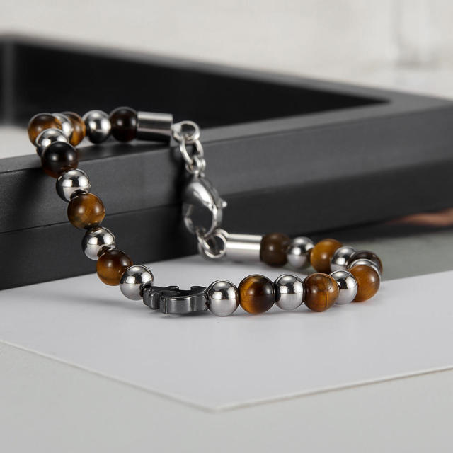 Stainless Steel Ball Hematite Tiger Eye Stone Beaded Bracelet with Anchor Charm  for Men Jewelry,NaBaiYu,Stainless Steel Ball Hematite Tiger Eye Stone Beaded Bracelet with Anchor Charm  for Men Jewelry