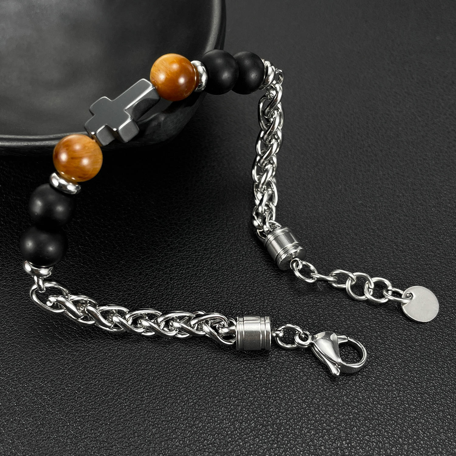 Personalized Men's Stainless Steel Cross Bracelet with Natural Stones Cross Titanium Steel Bracelet for Men,NaBaiYu,Personalized Men's Stainless Steel Cross Bracelet with Natural Stones Cross Titanium Steel Bracelet for Men
