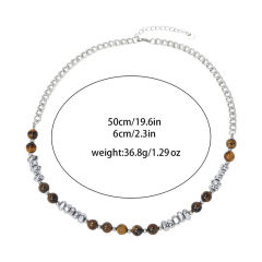 Tiger's Eye Stone Round Bead Stainless Steel Necklace Personalized Men's and Women's Accessories,NaBaiYu,Tiger's Eye Stone Round Bead Stainless Steel Necklace Personalized Men's and Women's Accessories
