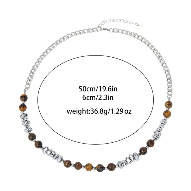 Tiger's Eye Stone Round Bead Stainless Steel Necklace Personalized Men's and Women's Accessories,NaBaiYu,Tiger's Eye Stone Round Bead Stainless Steel Necklace Personalized Men's and Women's Accessories