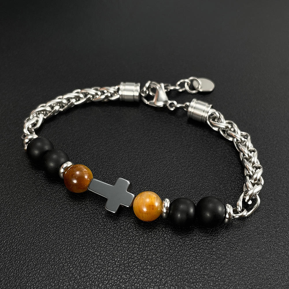 Personalized Men's Stainless Steel Cross Bracelet with Natural Stones Cross Titanium Steel Bracelet for Men,NaBaiYu,Personalized Men's Stainless Steel Cross Bracelet with Natural Stones Cross Titanium Steel Bracelet for Men