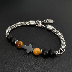 Personalized Men's Stainless Steel Cross Bracelet with Natural Stones Cross Titanium Steel Bracelet for Men,NaBaiYu,Personalized Men's Stainless Steel Cross Bracelet with Natural Stones Cross Titanium Steel Bracelet for Men