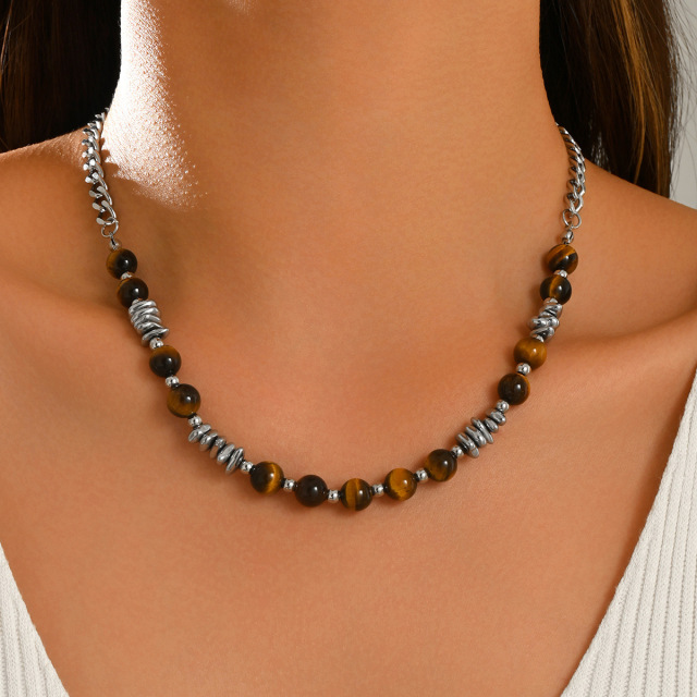 Tiger's Eye Stone Round Bead Stainless Steel Necklace Personalized Men's and Women's Accessories,NaBaiYu,Tiger's Eye Stone Round Bead Stainless Steel Necklace Personalized Men's and Women's Accessories