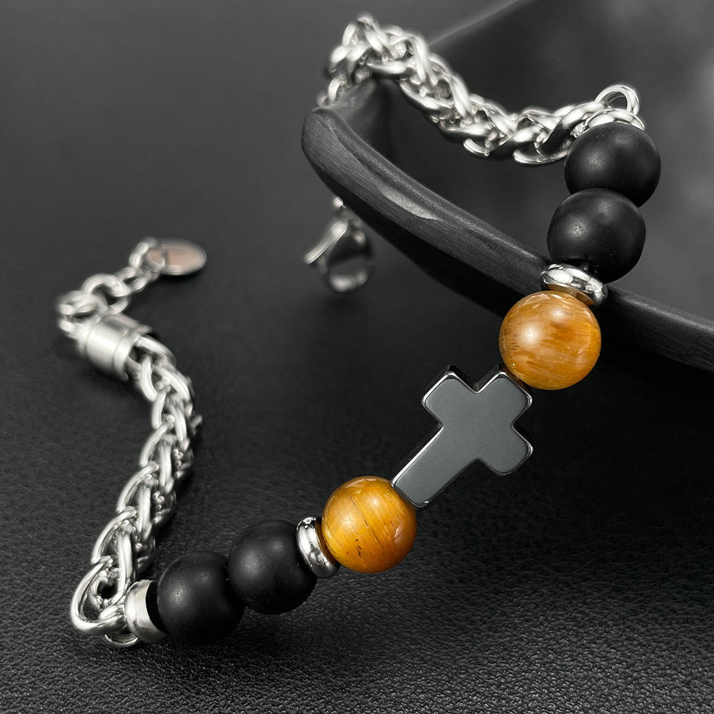 Personalized Men's Stainless Steel Cross Bracelet with Natural Stones Cross Titanium Steel Bracelet for Men,NaBaiYu,Personalized Men's Stainless Steel Cross Bracelet with Natural Stones Cross Titanium Steel Bracelet for Men