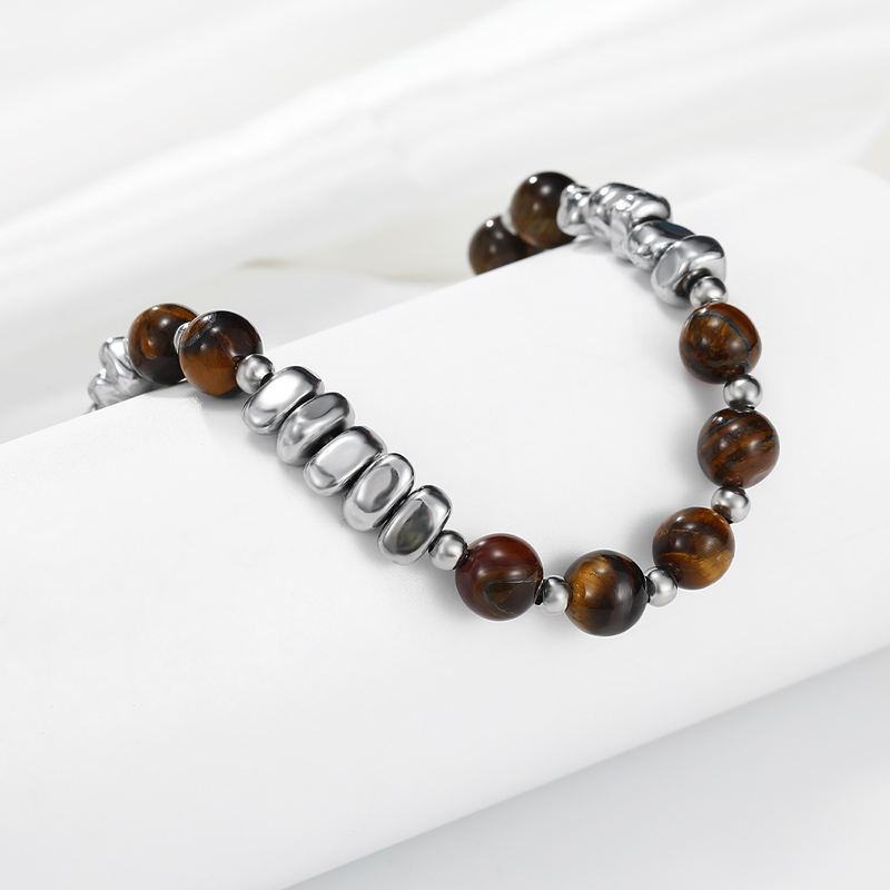 Tiger's Eye Stone Round Bead Stainless Steel Necklace Personalized Men's and Women's Accessories,NaBaiYu,Tiger's Eye Stone Round Bead Stainless Steel Necklace Personalized Men's and Women's Accessories