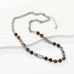 Tiger's Eye Stone Round Bead Stainless Steel Necklace Personalized Men's and Women's Accessories,NaBaiYu,Tiger's Eye Stone Round Bead Stainless Steel Necklace Personalized Men's and Women's Accessories