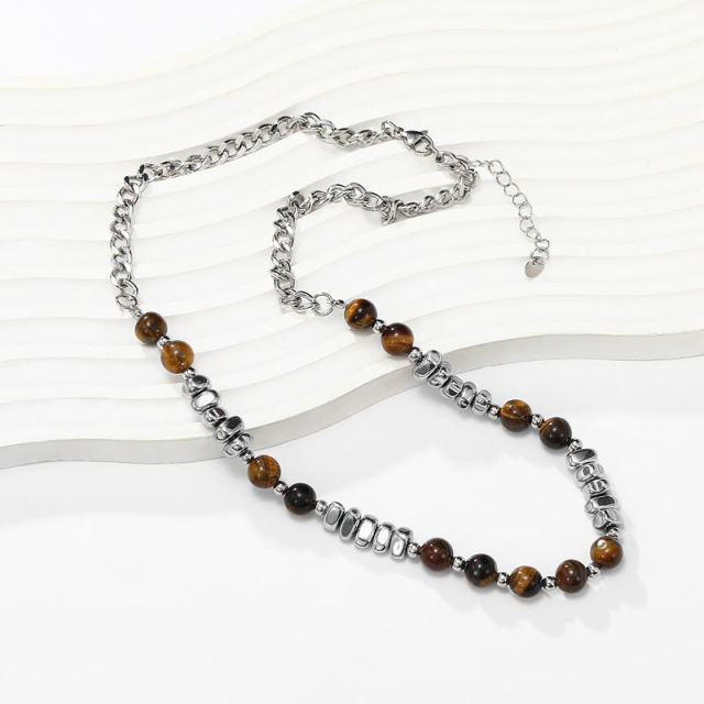 Tiger's Eye Stone Round Bead Stainless Steel Necklace Personalized Men's and Women's Accessories,NaBaiYu,Tiger's Eye Stone Round Bead Stainless Steel Necklace Personalized Men's and Women's Accessories