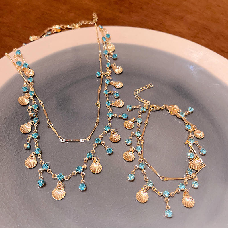 Vintage Style Blue Zircon Shell Charms Gold Plated Layered Necklace Jewelry Gift for Women,NaBaiYu,Vintage Style Blue Zircon Shell Charms Gold Plated Layered Necklace Jewelry Gift for Women