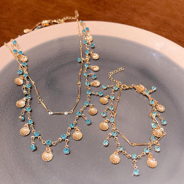Vintage Style Blue Zircon Shell Charms Gold Plated Layered Necklace Jewelry Gift for Women,NaBaiYu,Vintage Style Blue Zircon Shell Charms Gold Plated Layered Necklace Jewelry Gift for Women